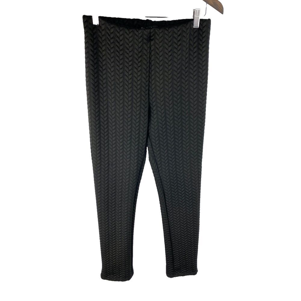 Dinh Ba Womens L Textured Black Casual Pull On Yoga Stretch Pants Ribbed
